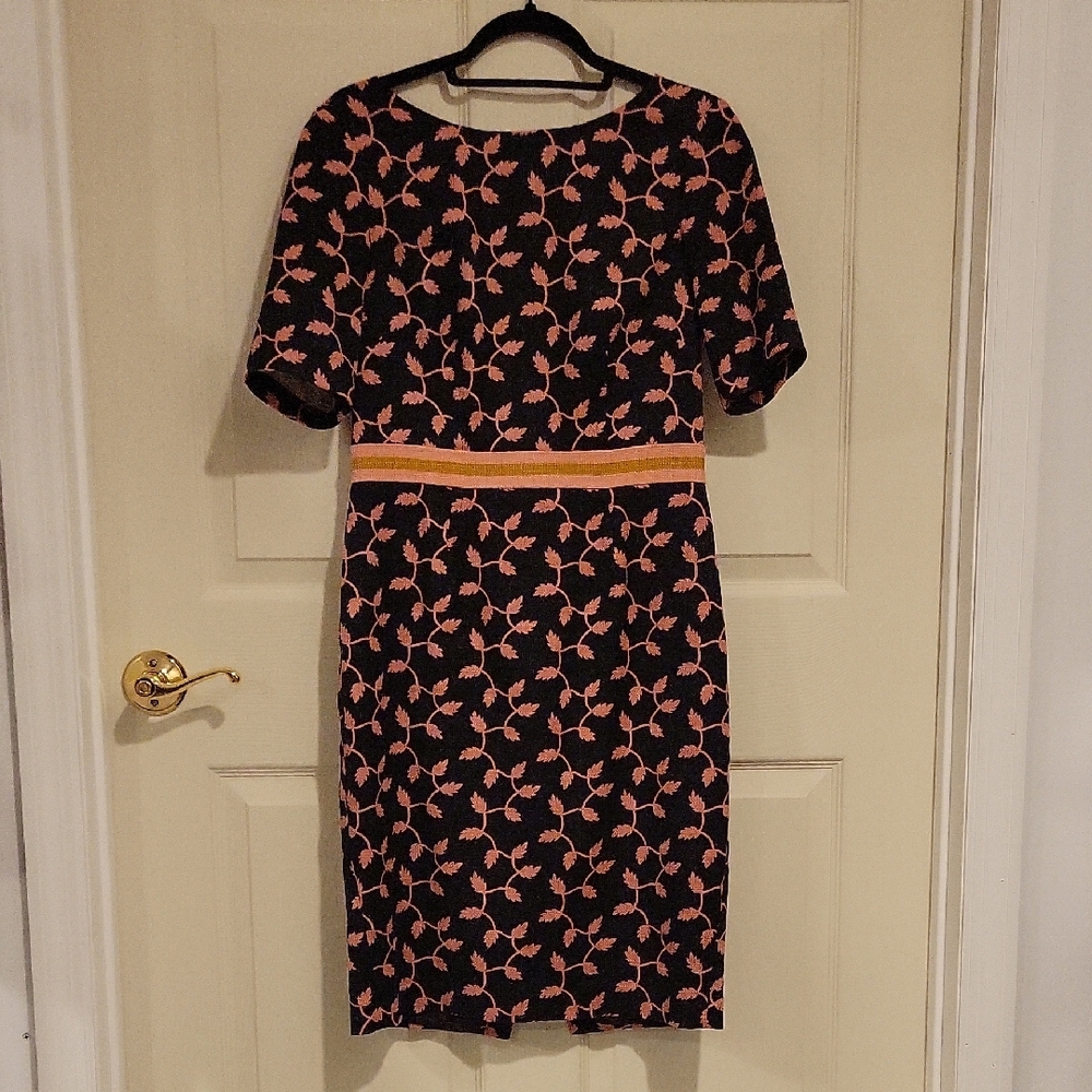 Boden Fleur Fitted Leaf Trellis Knee Length Dress, Black & Pink